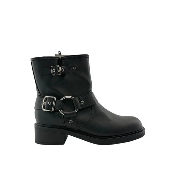 Black Conner Harness Silver Buckle Ankle Biker Boots Sz 11 Round Toe Block Heel - Picture 7 of 9